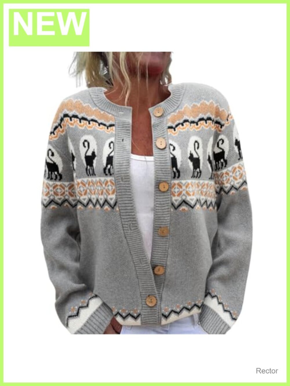 Women's Knit Cardigan Sweater Button Down Long Sleeve Argyle Cat Graphic Fall